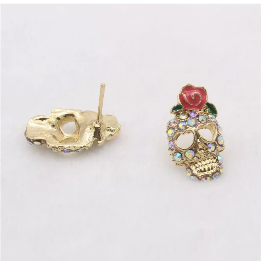 Rhinestone Sugar Skull Earrings - Picture 2 of 3